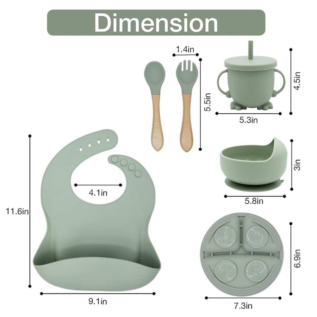 7Seas Silicone Baby Feeding Set, 6Pcs Baby Weaning Supplies, BPA Free, Non-Toxic | Strong Suction Plate & Bowl, Self –Feeding Utensils, Bib & Sippy Cup | Soft Silicone Tableware Foe 6+ Month Infant