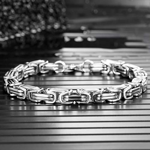 INBLUE 8mm Wide 316L Stainless Steel Bracelet Byzantine Link Chain Bracelet for Men Women Water Resistance (5 Colors - Silver Black Gold Silver and Silver and Gold, 4 Lengths - 7.5" 8" 8.5" 9")4