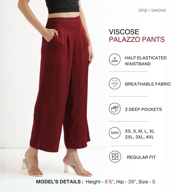 Image of SAADAA Palazzo Pants for Women Half-Elasticated Waistband | Palazzo for Women in Soft Viscose Fabric | Regular Fit with Mid Rise Waist & Deep Pockets | Versatile for Formal & Casual Wear
