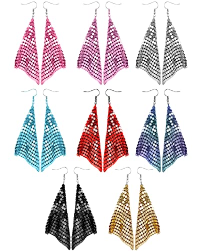 8 Pairs Sequin Dangle Earrings Trendy Women Earrings Gold Sequin Earrings Mesh Grid Tassel Drop Earrings Tassel Long Drop Dangle Earrings