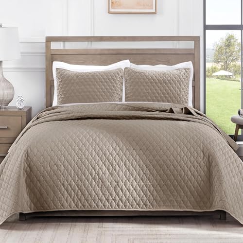 Exclusivo Mezcla Reversible Full Queen Quilt Bedding Set with Pillow Shams, Lightweight Quilts Queen Size, Soft Bedspreads Bed Coverlets for All Seasons - (Taupe, 90"x96")