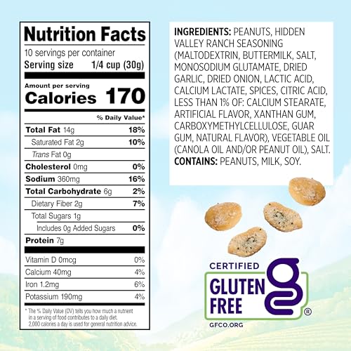 Snak Club Peanuts with Hidden Valley Ranch Seasoning, Roasted Nuts, Gluten-Free and Kosher Snack, 11 oz Resealable Bag - image 6