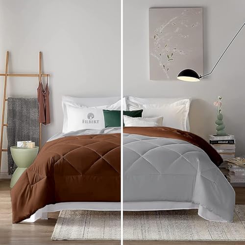 Image of Filbert 600 GSM Comforter for Double Bed | Super Warm Winter Quilt /Rajai | Thick Microfiber Blanket with Cloud-Soft Fill | Luxury Bedding for Winters - 90x100 Inch | Silver /Chocolate Brown