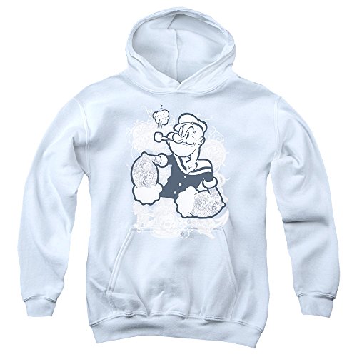 Trevco Popeye Tattooed Unisex Youth Pull-Over Hoodie for Boys and Girls, Large White