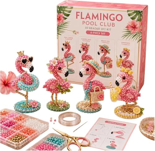 Creative Beaded Mini World 3D DIY Kit Collection, Tiny 3D Beaded Animal DIY Kit, Petite Beaded Animal Craft Kit, DIY Creative Jewelry Art Craft, Gifts for Craft Lovers(Flamingo Pool Club)