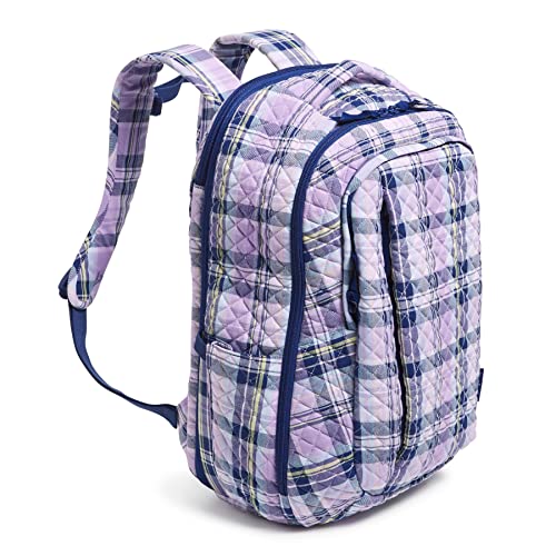 Image of Vera Bradley Women's Cotton Large Travel Backpack Travel Bag, Amethyst Plaid - Recycled Cotton, One Size