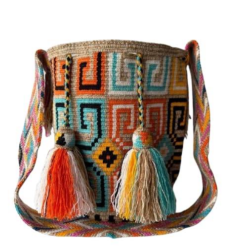 Mochila Wayuu grande 33 x 30 cm, capacidade de 13 a 15 litros/bolsa transversal colombiana feita à mão por Wayuu Artisans/Presente Boho para mulheres.