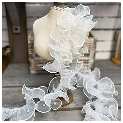 3 Yards Pleated Organza Lace Ribbon White Satin Organza Lace Ribbon Fabric with Pearl Beads Edge Gather Ruffle Trim for Applique Sewing Craft Wedding Dress Embellishment DIY Decor