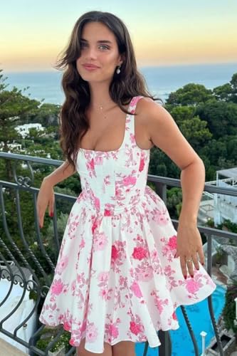 SoDigne Floral Print A Line Mini Homecoming Dresses for Teens Summer Wide Straps Satin Short Cocktail Gown2