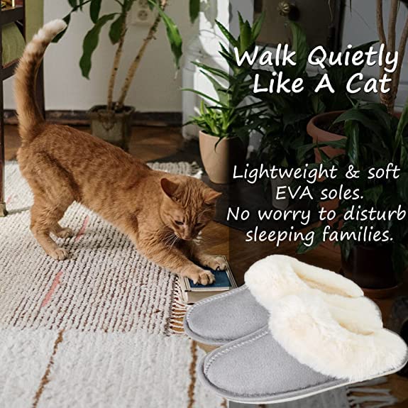 Women's Slippers Comfortable, Artificial Fur Flat Bottom Shoes and Memory Foam Sole Leather, Non Slip and Breathable, Keep Warm in Winter Indoor and Outdoor4