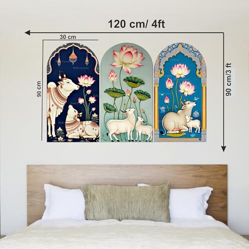 Image of Ridit Creation Sacred Cow & Lotus Flower Wall Poster Set of 3 | Traditional Indian Spiritual Wall Art with Temple Arch Design | Decorative Religious Posters for Living Room, Bedroom, Pooja Room