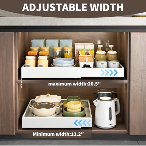 2 Packs Expandable Pull Out Cabinet Organizers Adhesive, 3 Slide Rails Slide Out Drawers for Kitchen Cabinet, No Drill Slide out Shelves for Home Kitchen Pantry, Adjustable Width 32-52CM,White - Image 6