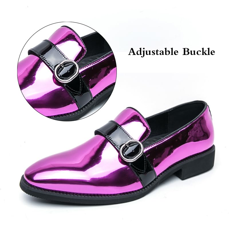 Men's Patent Leather Low Chunky Heel Loafers with Adjustable Buckle Fashion Slip On Pointed Toe Business Dress Shoes for Party Dating Prom3