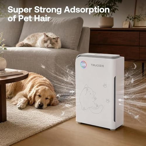 Image of Trucozie Large Pet Air Purifier for Home up to 3000 Ft, Absorbs Floating Cat and Dog Hair, Smart WiFi, 3-in-1 Filter with Anion, Activated Carbon & HEPA for Pet Allergies, Smoke, Dust, White
