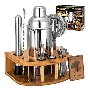 Cocktail Shaker Set with Stand | Excellent Bartender Package for Residence and Bar-Bar Instruments Set: 24oz Martini Shaker, Muddler, Jigger, Strainer, Mixer Spoon, Tongs, Corkscrew, 2 Liquor Pourers, Recipes Playing cards
