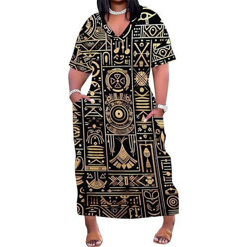 Image of Plus Size Maxi Tshirt Dresses for Curvy Women African Print American Dress Summer Outfits Casual Loose Sundresses with Pocket