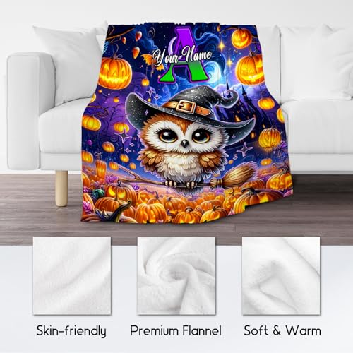 Halloween Blanket, Personalized Kids Blanket with Name, Cute Owl Throw, Custom Gifts for Girls, Soft Fleece Throw for Halloween Decoration (4 Sizes Choose)