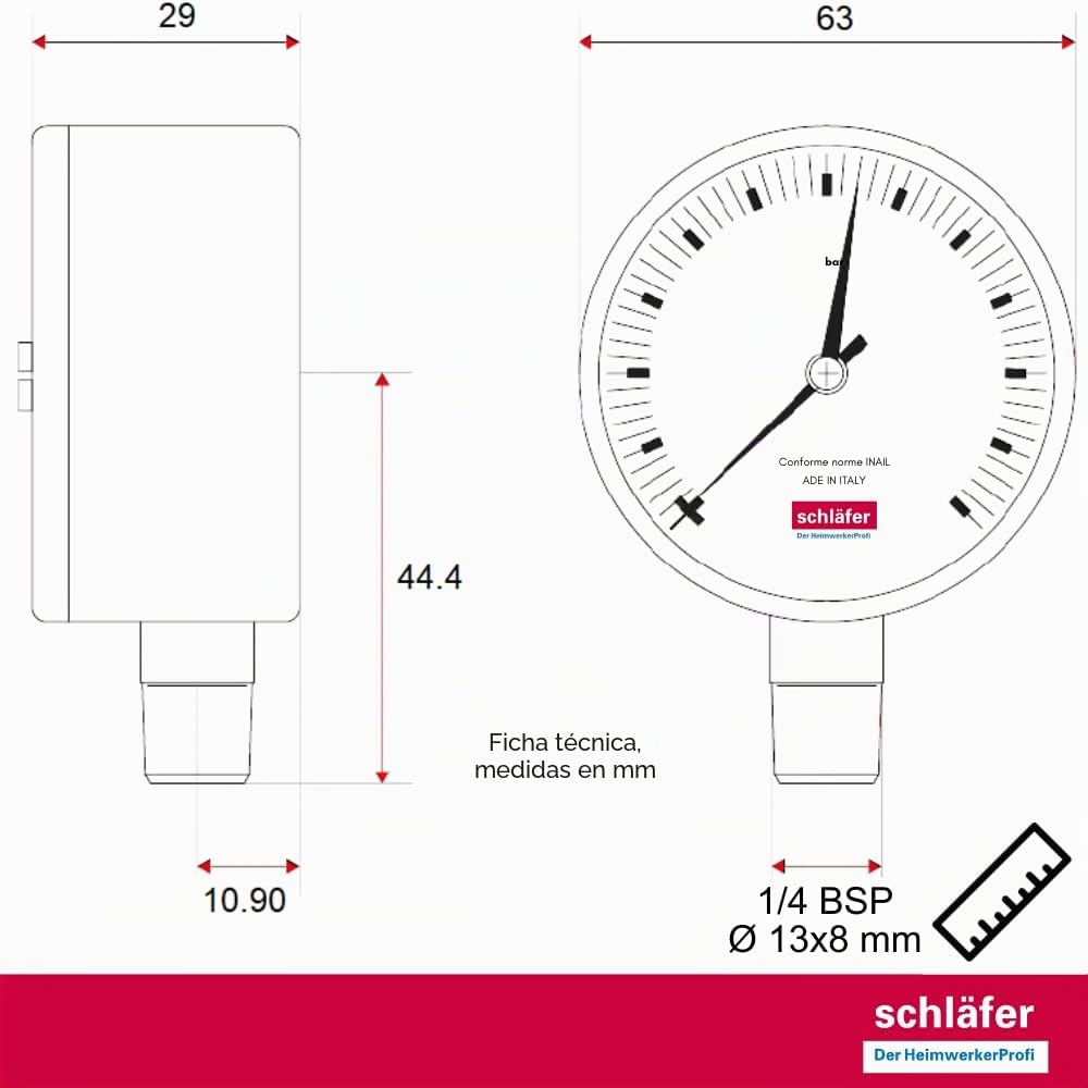 Schläfer 0930168 | Manómetro hidráulico vertical Ø 63 mm, conexión radial 1/4", escala de medida 0-10 bar, para instalaciones térmicas y control de presión de aire y agua
