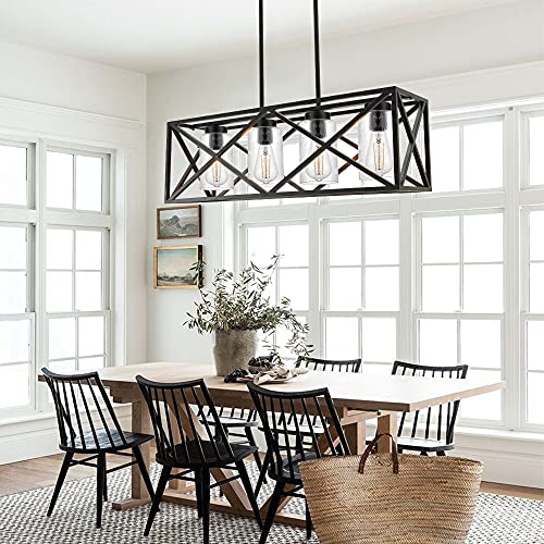 WINSHEN 4-Lights Black Farmhouse Rectangle Chandelier Dining Room Light Fixtures, 30.4-Inches Length Contemporary Kitchen Island Pendant Lighting with Seeded Glass Lampshades - Image 3