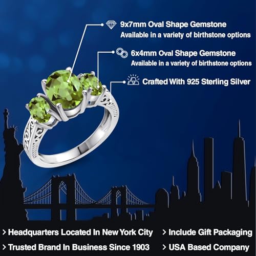 Gem Stone King 2-3 Cttw Gemstone Birthstone 3-Stone Engagement Ring | 925 Sterling Silver | Three Stone Wedding Anniversary Promise Ring For Women | Oval 9X7MM and 6X4MM | Available in Size 5-92