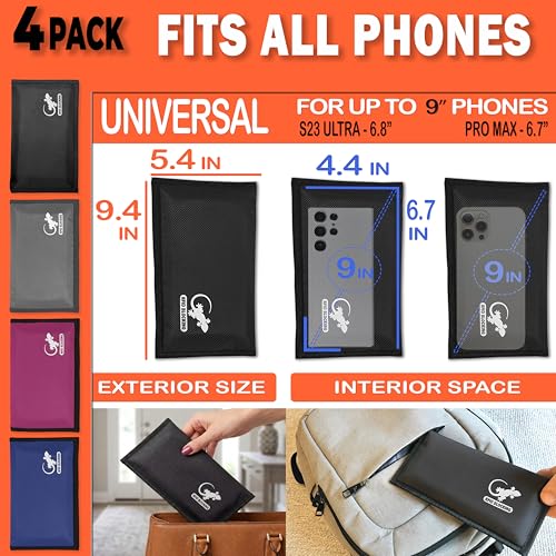 Image of 4 Faraday Bag Anti-Tracking GPS RFID Car Key Signal Blocker Wallet Shielding Pouch Protective Case for Cell Phone Car Key FOB, Data Privacy, Electronic Device Security (4 Pack - Family Pack)