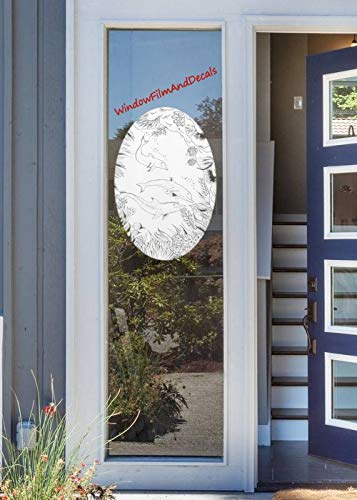 Dolphin Scene Oval Etched Window Decal Vinyl Glass Cling - 21" X 33" - White With Clear Design Elements #TOP5