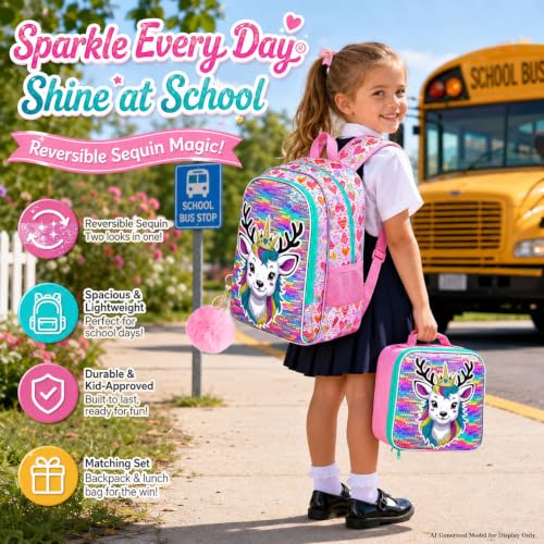 Image of CCJPX 16 inch Sika deer Backpack for Girls, 3Pcs Kids Sequin Bookbag with Lunch Box, Water Resistant Elementary School Bag for Kindergarten Preschool Toddler (Pink)