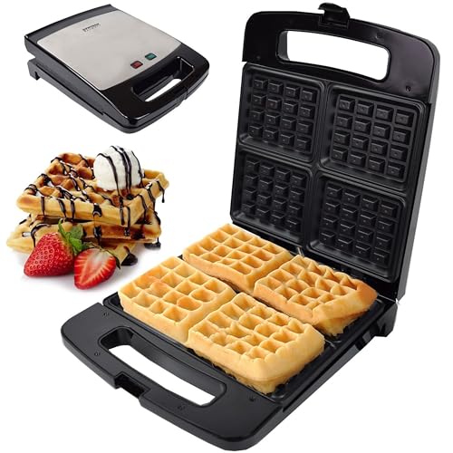 Syntrox Waffeleisen für Belgische Waffeln Groß Susto, Antihaftbeschichtet, 1400 Watt, mit Verriegelungssystem, 4 Waffelplatten, Keramik, Einfache Handhabung
