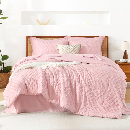 Image of Litanika Pink Queen Size Comforter Set with Sheets - 7 Pieces Bed in a Bag Queen Boho Tufted Complete Bedding Sets with Comforter, Sheets, Pillowcases & Shams