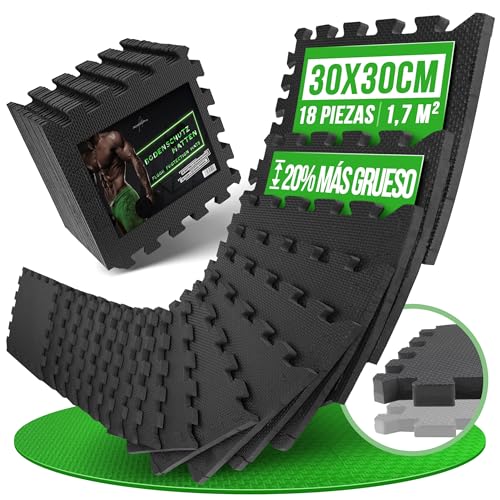 AthleticPro Juego de 18 losetas de suelo 30×30 cm – espuma EVA extra gruesa antideslizante – amortiguadora, impermeable y modular para fitness, entrenamiento en casa y equipos