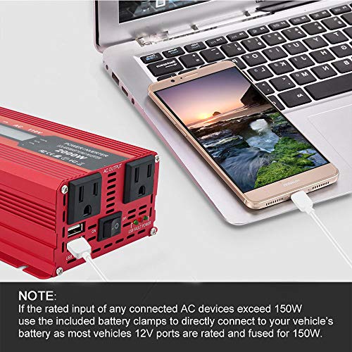 IpowerBingo Power Inverter 800W/2000W Dual AC Outlets and Dual USB Charging Ports DC 12V to 110V AC Car Converter with Digital Display