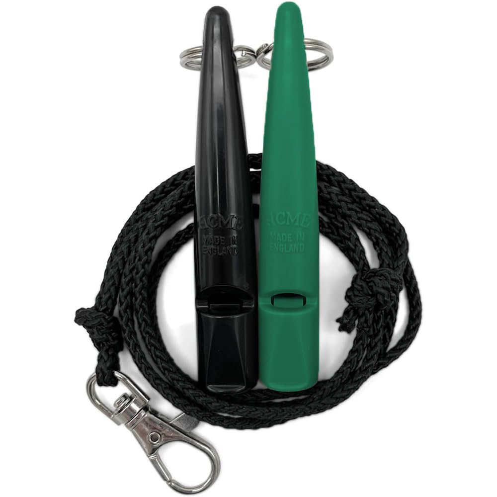 ACME Silbato para perros n.º 211,5 con banda de silbato, en paquete doble, 2 silbatos con 2 cintas, ideal para la devolución de llamada – ruidoso y largo alcance (negro + verde esmeralda)