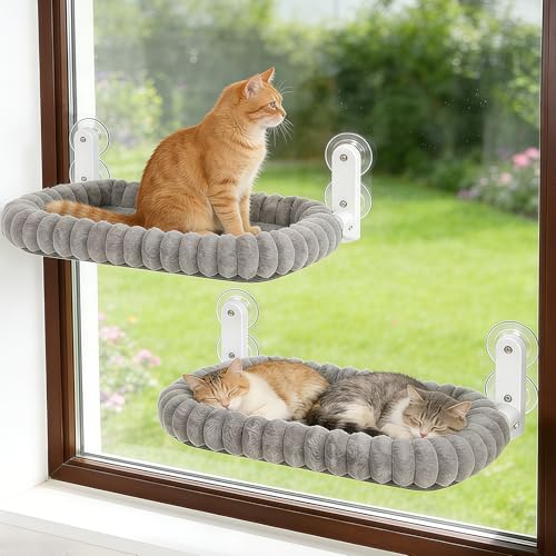 Zoratoo 猫 ウィンドウパーチ ボルスター付き 折りたたみ式 猫 ハンモック クッションベッド 窓用 金属フレーム付き 雲が寄り添うコードレス 窓休憩シート 屋内猫用(クッションベッド、グレー-L)の商品画像（Amazon）