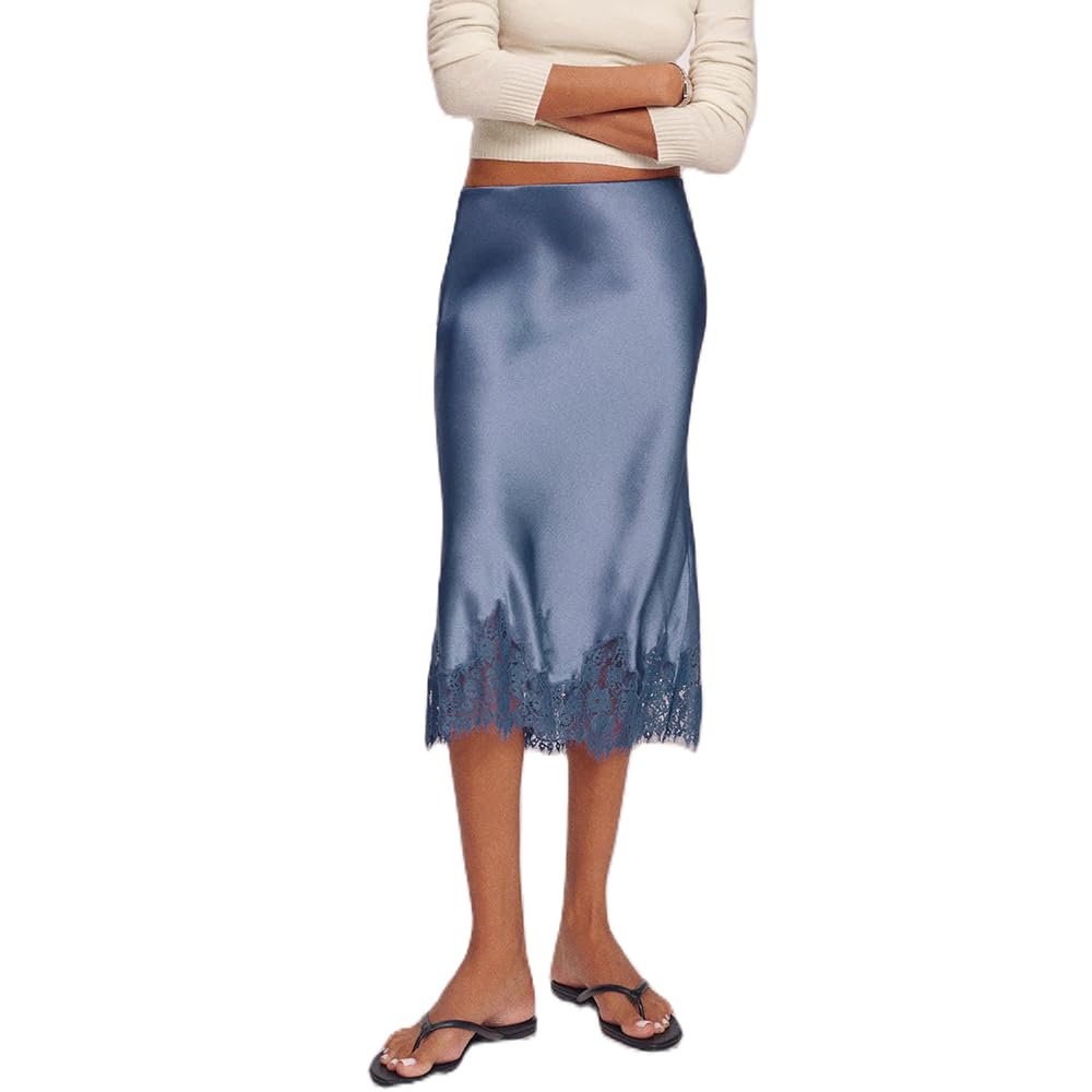 Faymlc Women Lace Trim Long Satin Skirt Silk Midi Slip Skirt Elegant Flowy A-Line Midi Skirts (Blue, M)