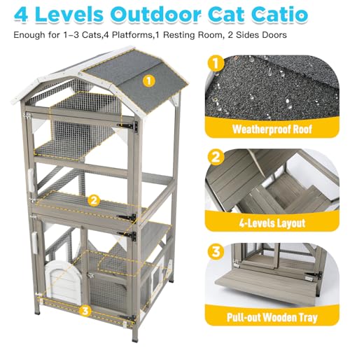 Gowoodhut 71\'\' Large Cat House Outdoor Catio Enclosures Indoor Kitten Cages with Attachable Window Resting Box,Waterproof Roof