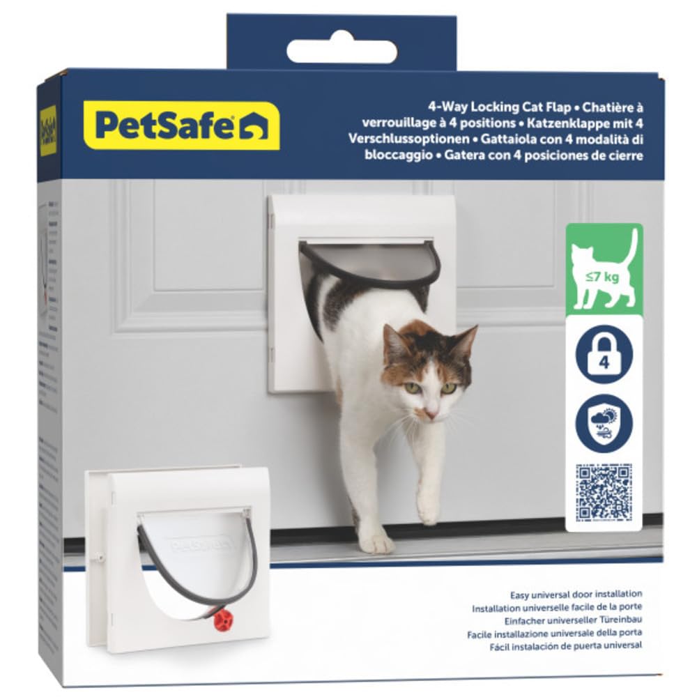 PetSafe Katzenklappe mit 4 Verriegelungsmöglichkeiten - Haustiertür für Katzen, Einfache Installation - Manuelle Verriegelung, robuster Rahmen - Weiß, inklusive Erweiterungstunnel