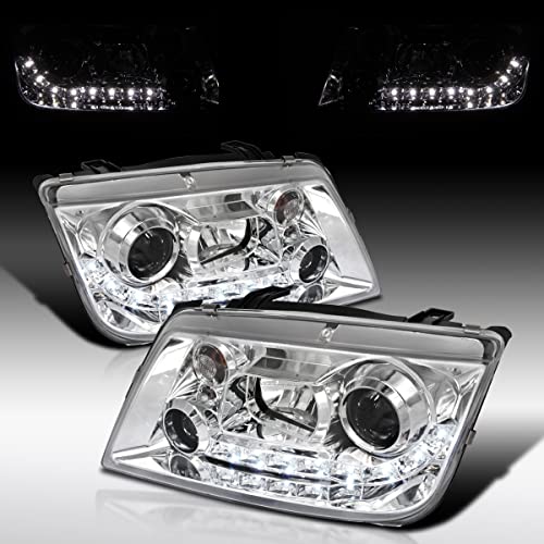 Autozensation Compatible with 1999-2004 VW Jetta/Bora Mk4, Left + Right Pair Headlamps Assembly, LED Chrome Housing Clear Lens Projector Headlights