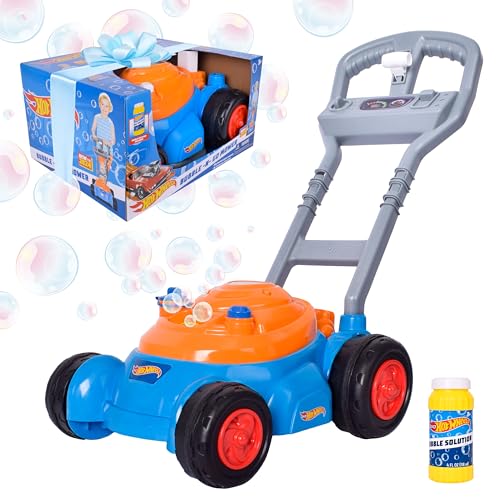 Image of Hot Wheels Bubble Lawn Mower for Toddlers, Bubble Blowing Machines, Indoor and Outdoor Gardening Toy, Birthday, Party Favor for Prechool Girls and Boys, No Batteries, Includes Bubble Solution, 2+