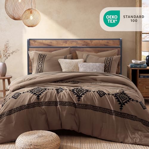Image of MaiReve Embroidery Queen Comforter Set 7 Pieces Brown Bed in a Bag