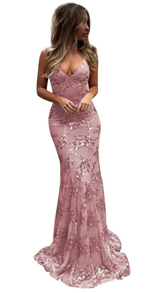 PARPIS Spaghetti Straps Sequin Evening Gowns Long Mermaid Tulle Prom Dresses V-Neck Empire Waist Train Formal Party Gown Dusty Rose