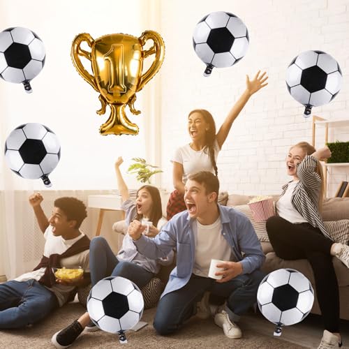 Image of Soccer Party Balloons Set, 32 Inch Champion Trophy Mylar Foil Balloon and 6pcs Football Helium Foil Balloons, Sport Decor for Boys Kids Soccer Ball Fans Birthday Party Decoration Supplies