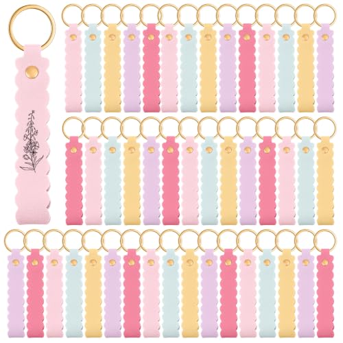 Image of Scalloped PU Leather Keychain Blanks Laser Engraving Blanks Loop Keychain Kit with Key Ring for DIY