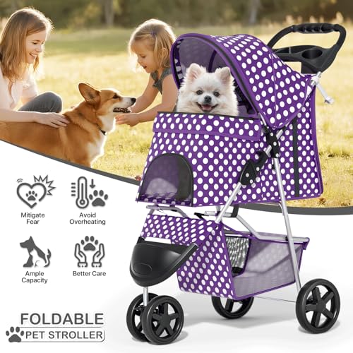 Image of MoNiBloom 3 Wheels Pet Dog Cat Stroller for Small Medium Dogs Cats, Foldable Jogger Stroller w /Storage Basket and Cup Holder, Purple Polka Dots