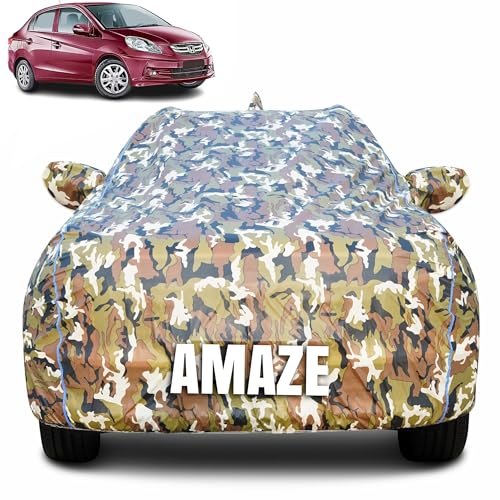 Image of 100% Waterproof Car Body Cover for Honda Amaze (2013-2017) with Mirror Pocket (Heat & UV Resistant, Triple Stitched, Soft Lining, Bottom Elastic & Piping) Camouflage, Military Print