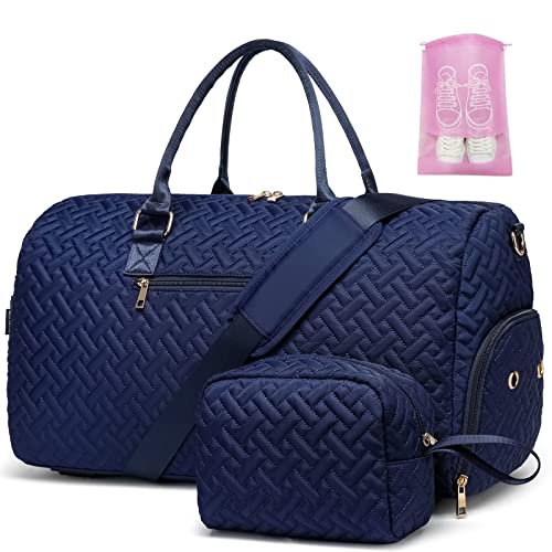 Image of Duffle Bag for Travel, Weekender Bag with Shoe Compartment, Carry On Overnight Bag for Women with Toiletry Bag, Gym Bag with Wet Pocket, Hospital Bags for Labor and Delivery Beige, Navy, 23.4x11x11.6