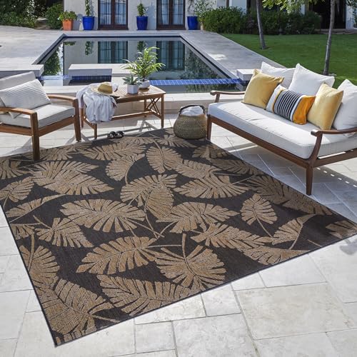 Gertmenian Indoor/Outdoor Kona Coast by Reyn Spooner Rug - 9x13 Extra Large, Stain & UV Resistant, Ideal for Deck, Patio, Poolside Rooms - Palmtree Leaf, Black Brown, 46686