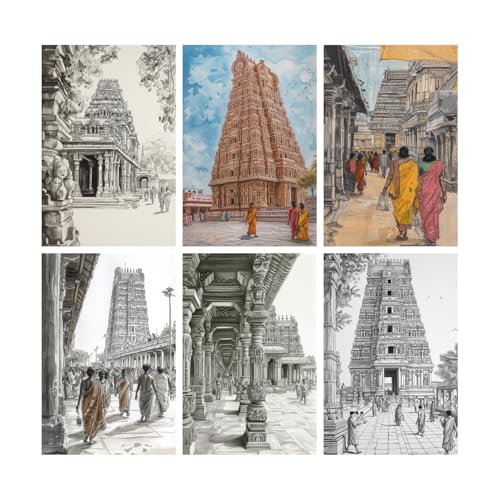Image of SiddArtify South Indian Temple Architecture Black - Sepia Art Print Set - Set of 2-4x6 Inch - Board (Pack of 6) - Sticker (Pack of 6) Wall Room Decoration art Poster Prints