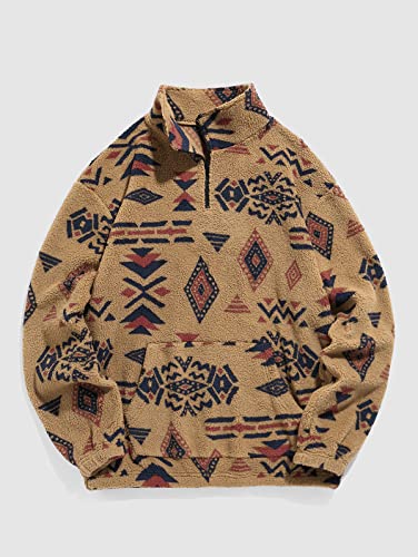 Image of ZAFUL Men 1 /4 Zipper Sweatshirt Ethnic Aztec Printed Kangaroo Pocket Fall Winter Pullovers Jacket Unisex Hoodie Tops (Khaki X-Large)