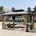 DWVO 10x12ft Hardtop Gazebo Double Roof Polycarbonate Canopy Outdoor with Netting and Shaded Curtains, Aluminum Frame Garden Tent for Patio, Backyard, Deck and Lawns, Brown