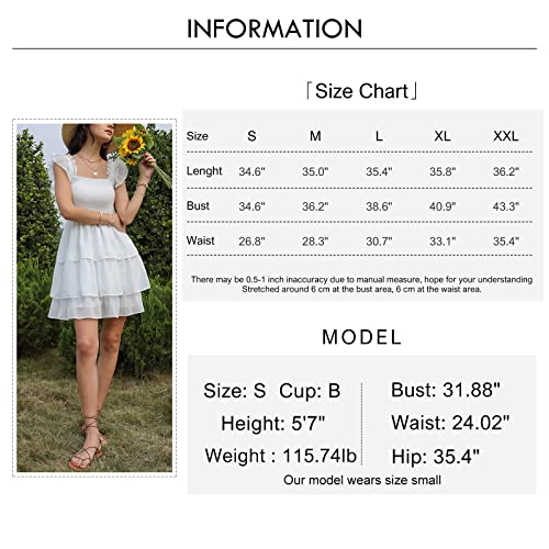 Byinns Womens Square Neck Sleeveless Ruffle Dress High Waist Backless Tiered Smocked Strappy Casual Short Mini Dresses White #TOP5